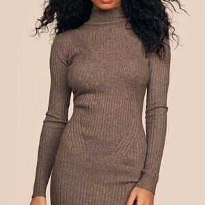 Lulus Snug As Can Be Heather Taupe Ribbed Mock Neck Sweater Dress - Size XS